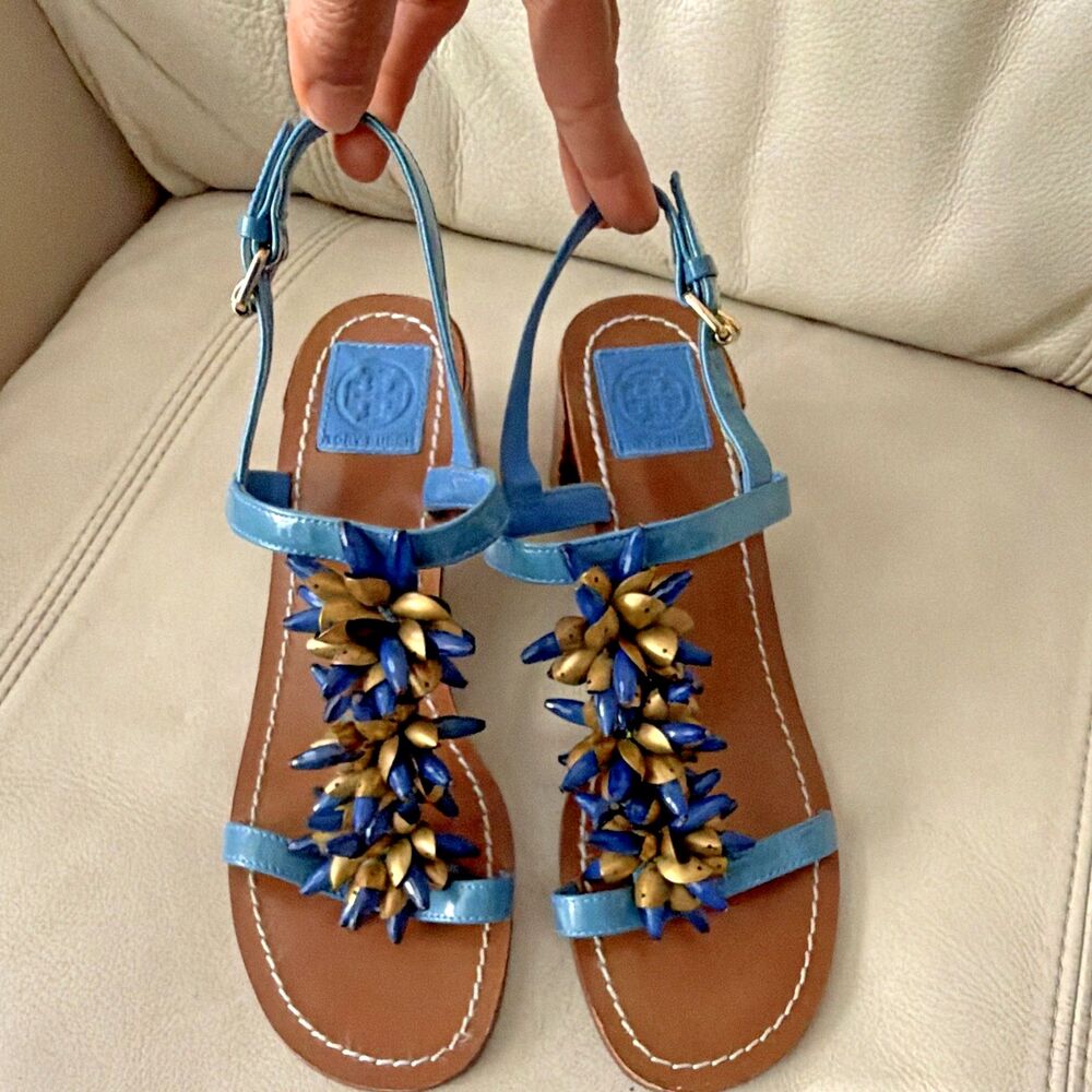 Tory Burch Blue Strappy Sandals Size 8M Ankle Strap Leather Beaded T-Strap